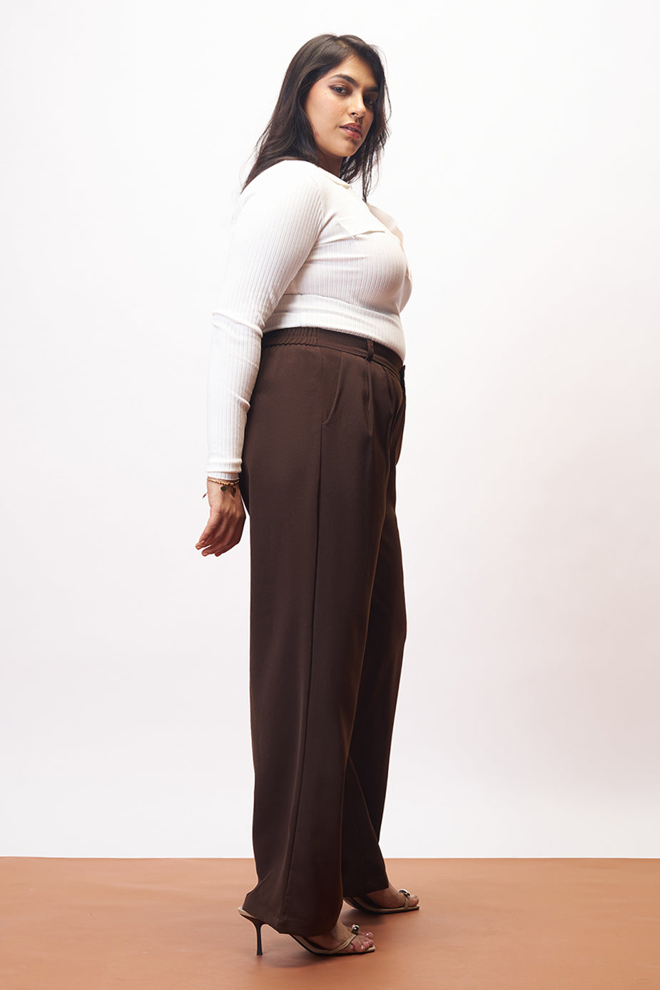 Bean Brown Curve Pleated Straight Korean Pants