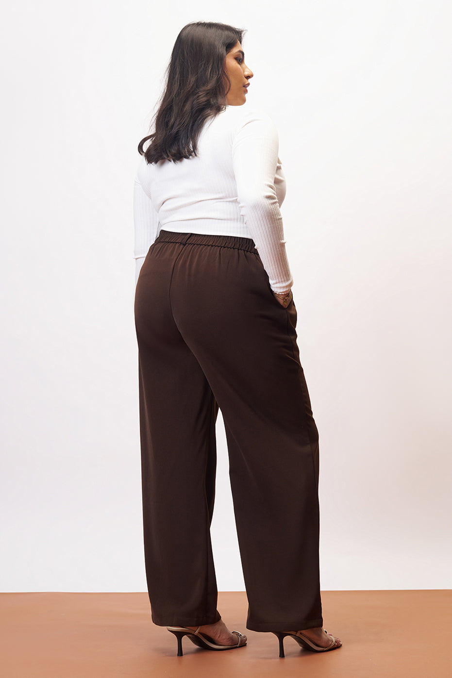 Bean Brown Curve Pleated Straight Korean Pants