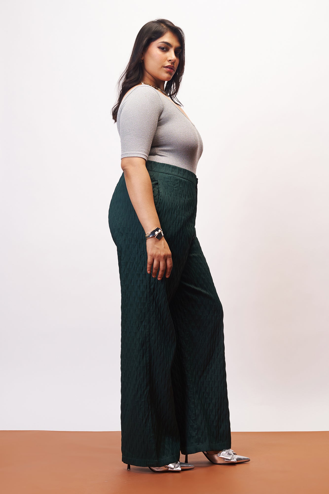 Emerald Curve Textured Korean Pants