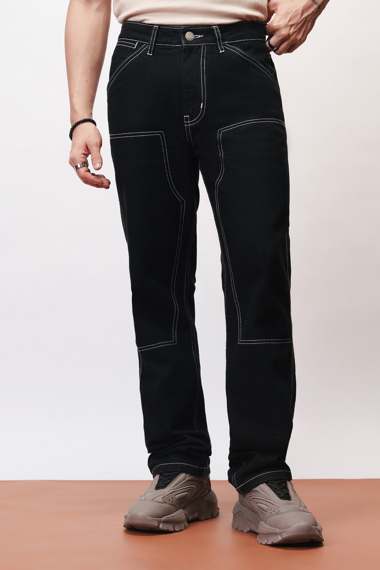 Noir Contrast Stitch Mens Straight Jeans