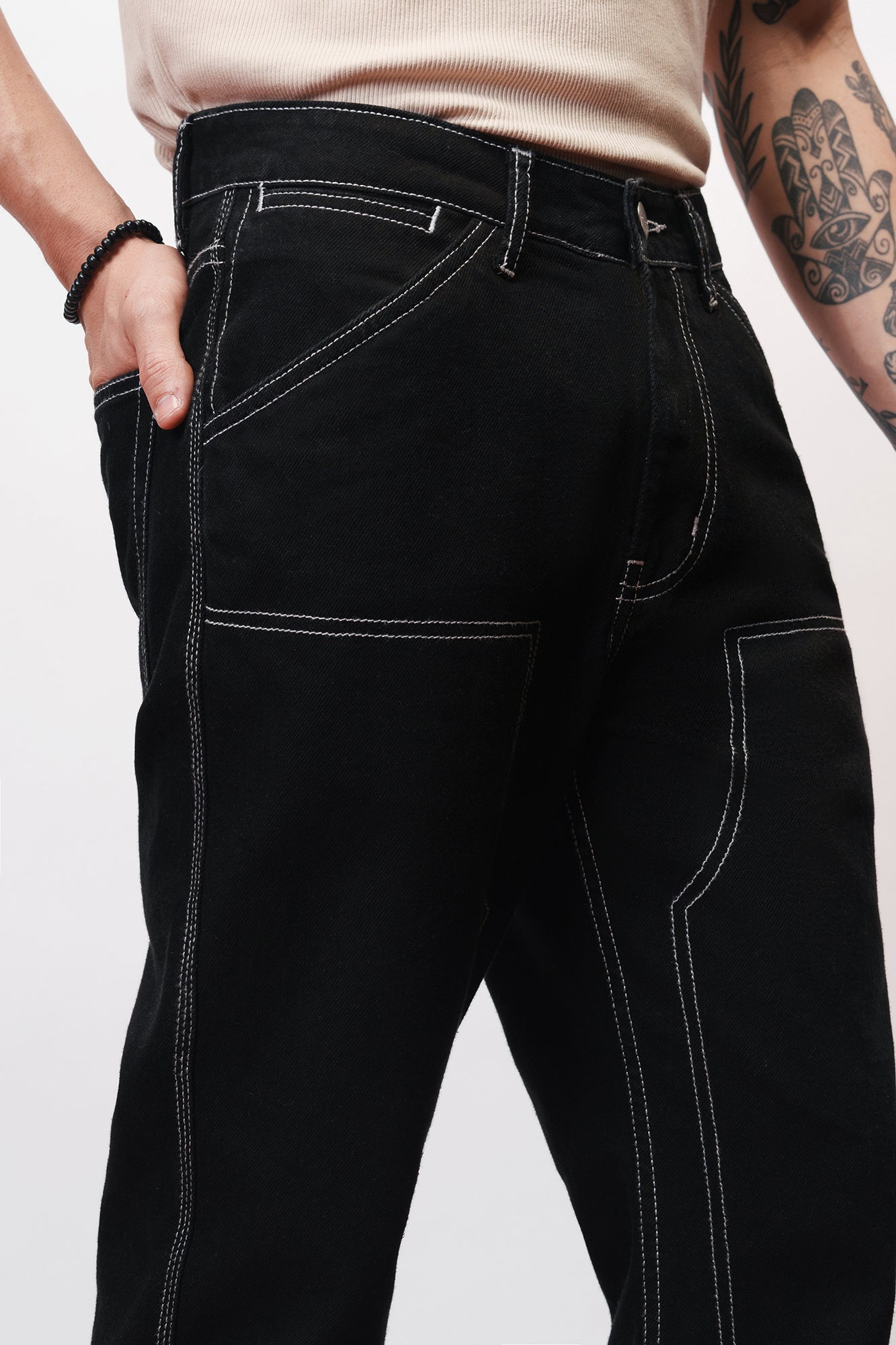 Noir Contrast Stitch Mens Straight Jeans