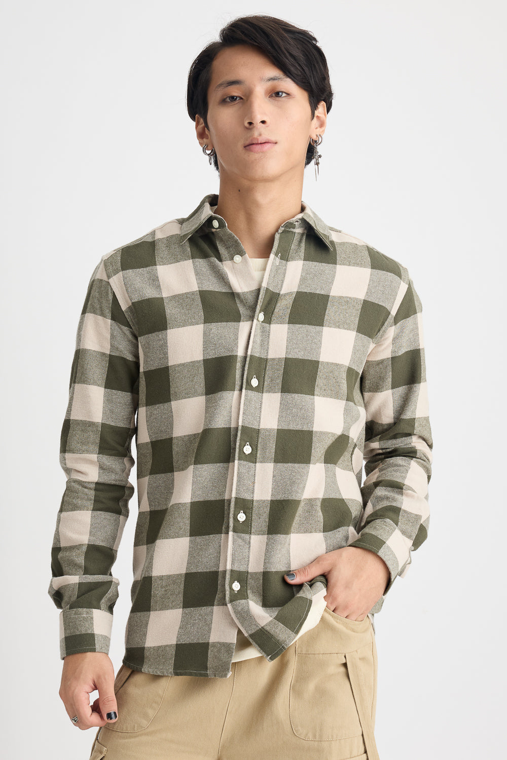 Men's Dapper Checkered Collar Beige Shirt