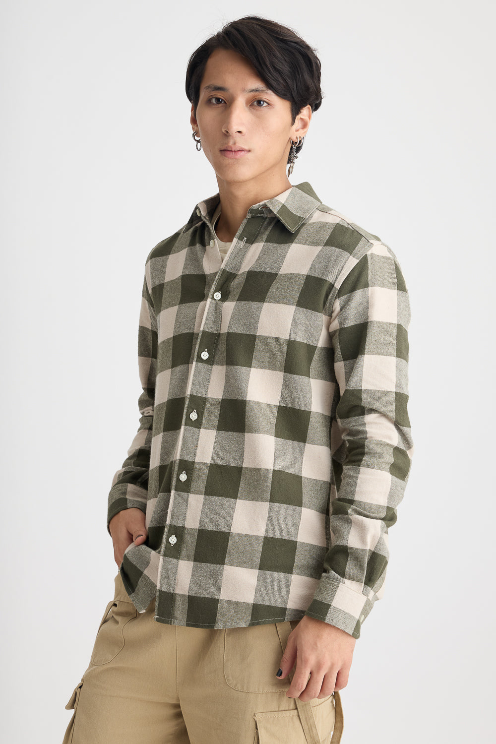 Men's Dapper Checkered Collar Beige Shirt