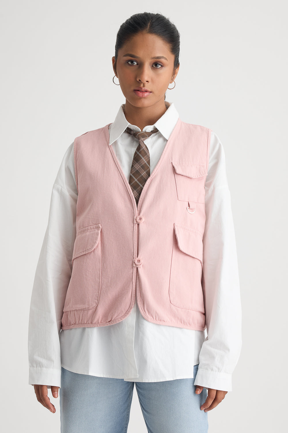 PINK VESTED SHIRT WITH TIE
