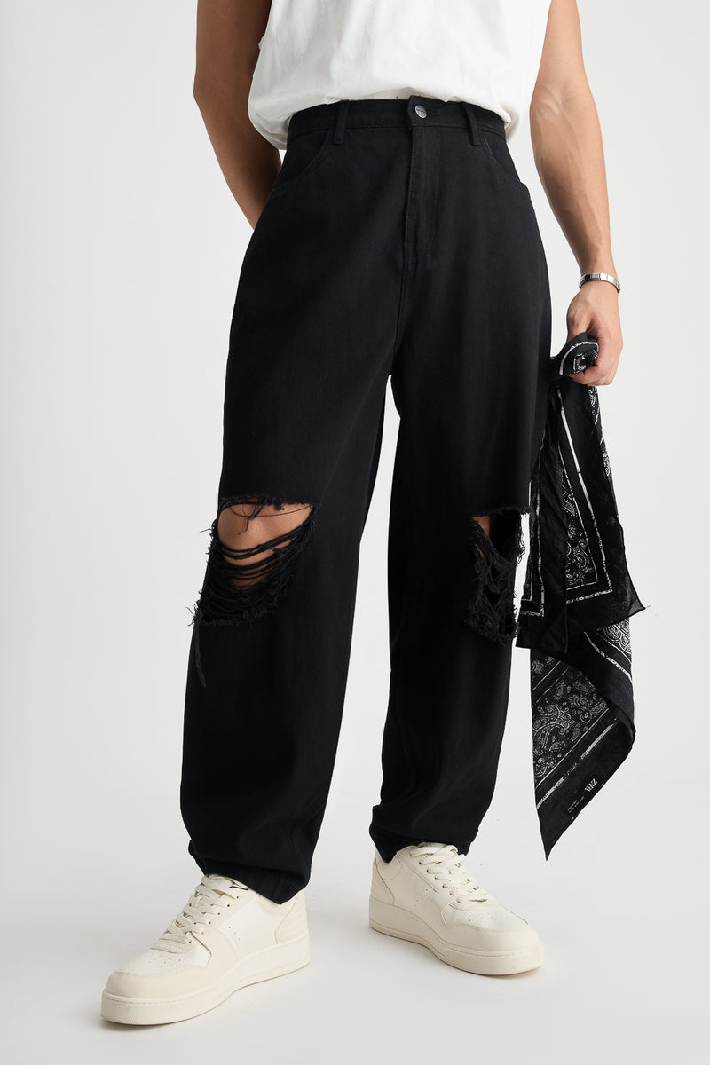 Blue Jeans Black Jeans Damage Mens Plus Men's Black Regular Fit