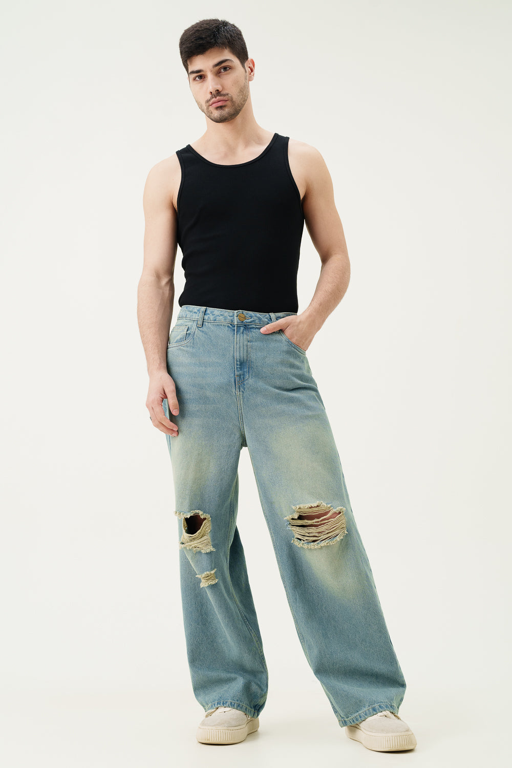 Retro Ripped Men s Wide Leg Jeans