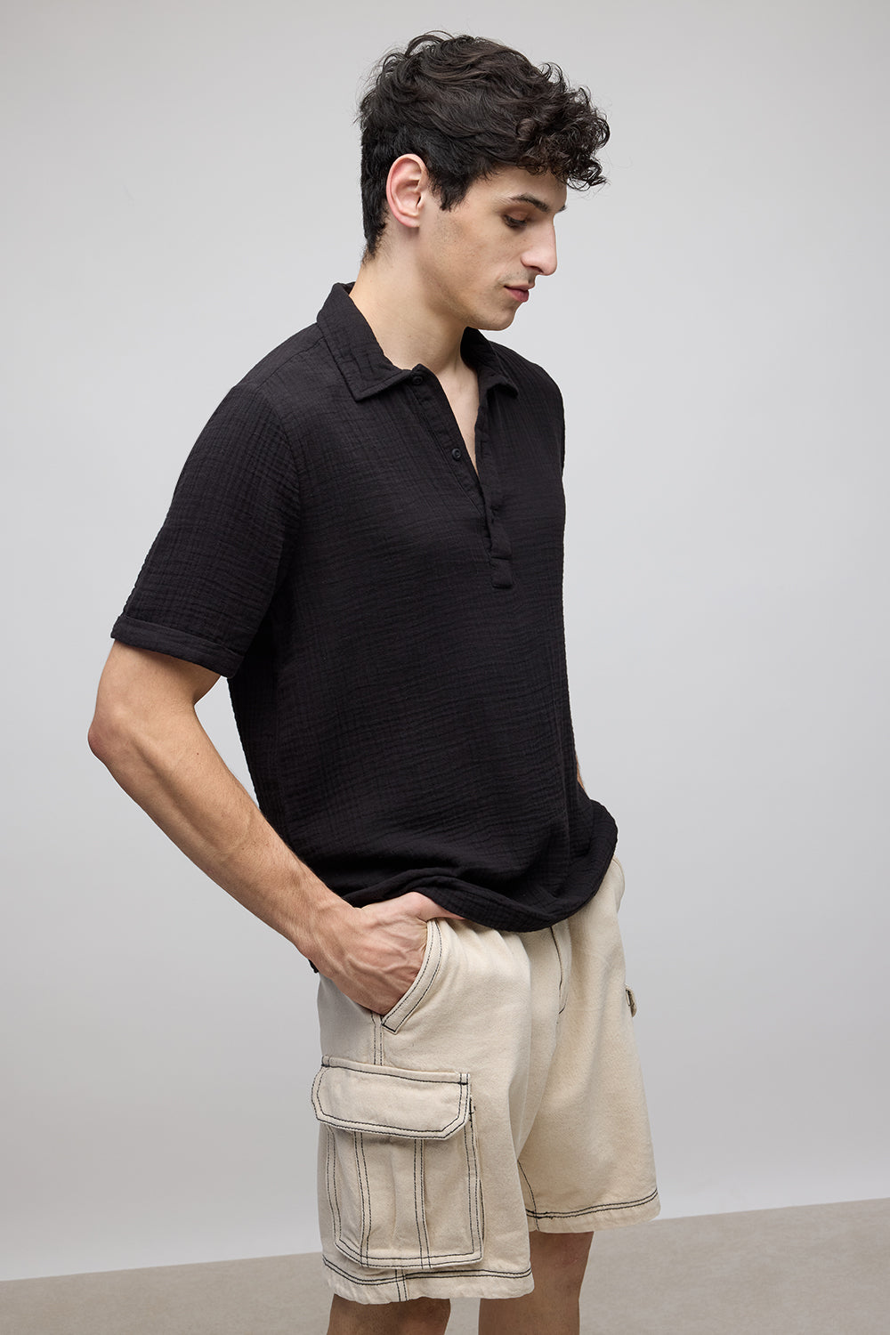 Textured Black Men's Polo Shirt