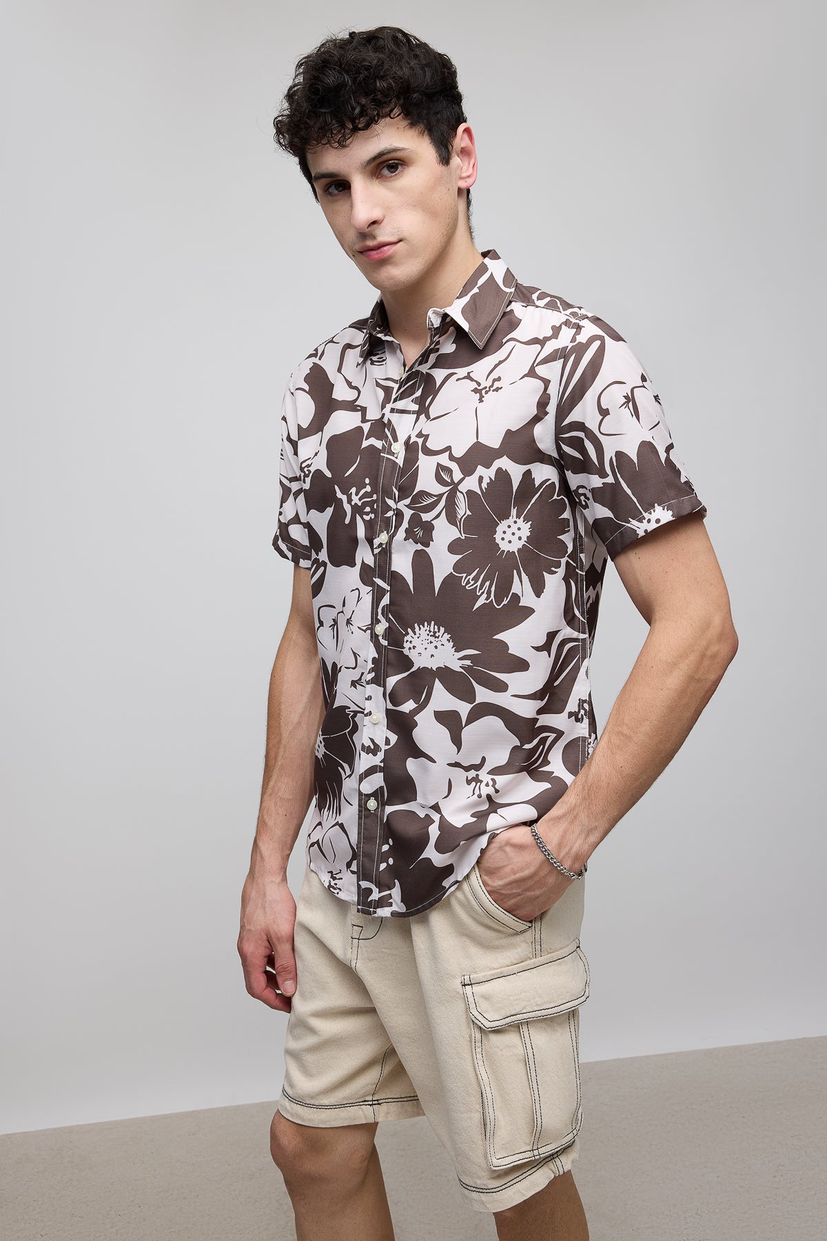 Brown Floral Print Men's Resort Shirt