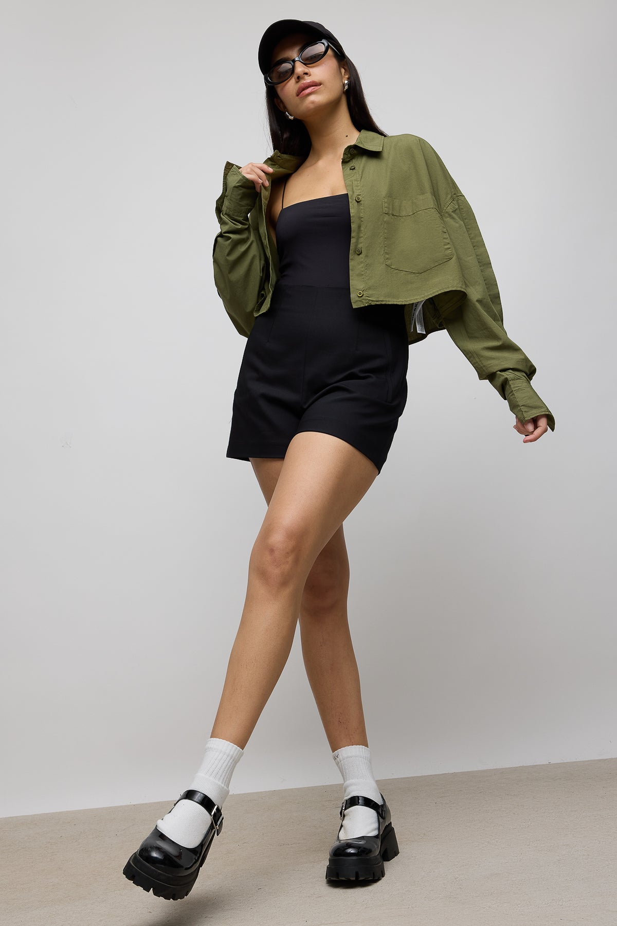 OLIVE GREEN CROPPED COTTON SHIRT