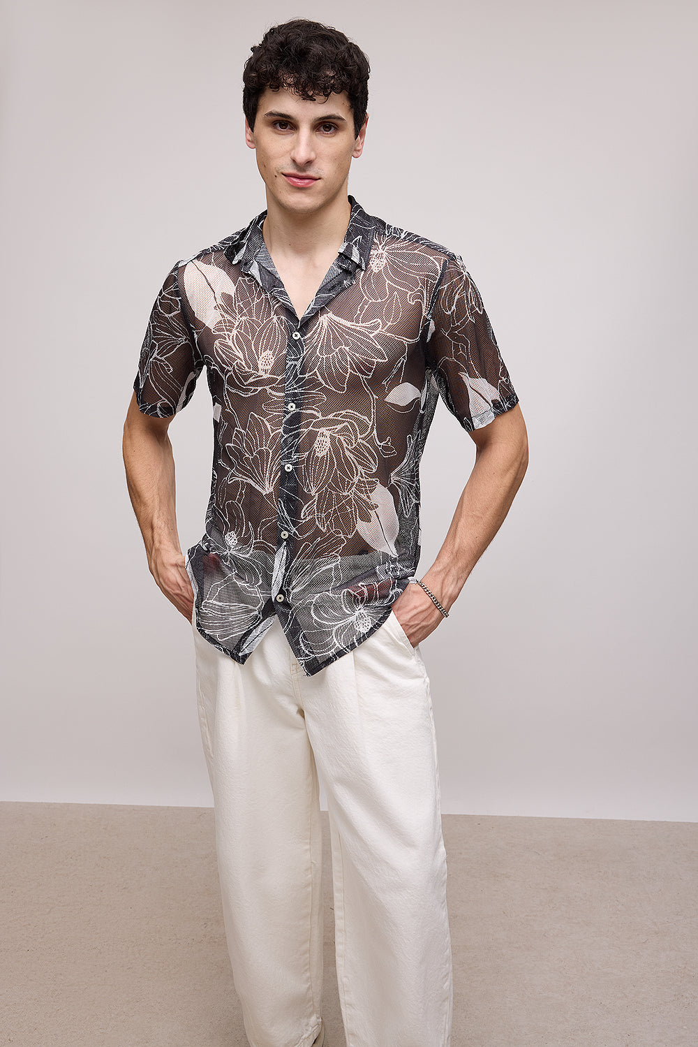 Black Floral Men's Mesh Shirt