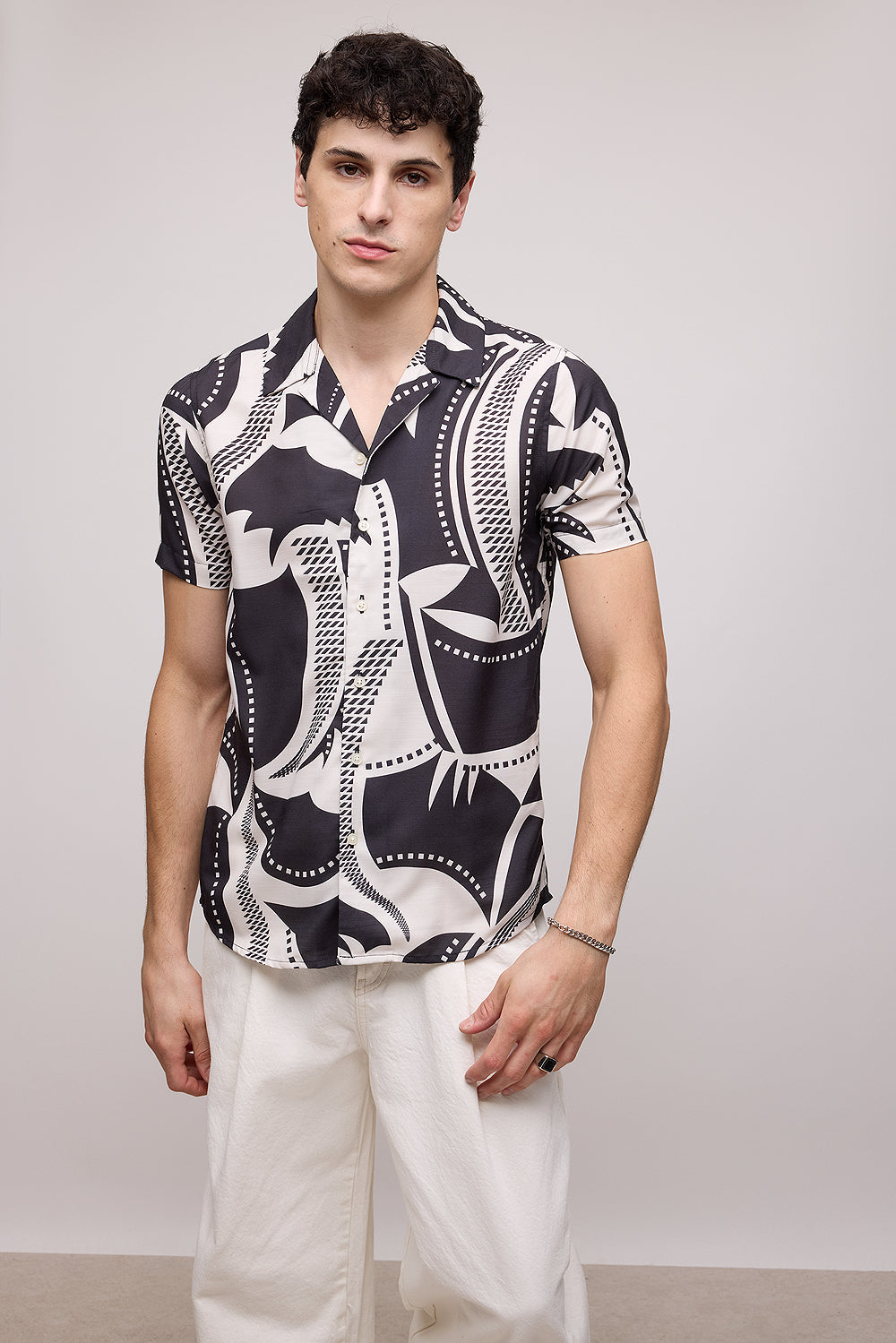 Ecru Black Printed Men's Resort Shirt