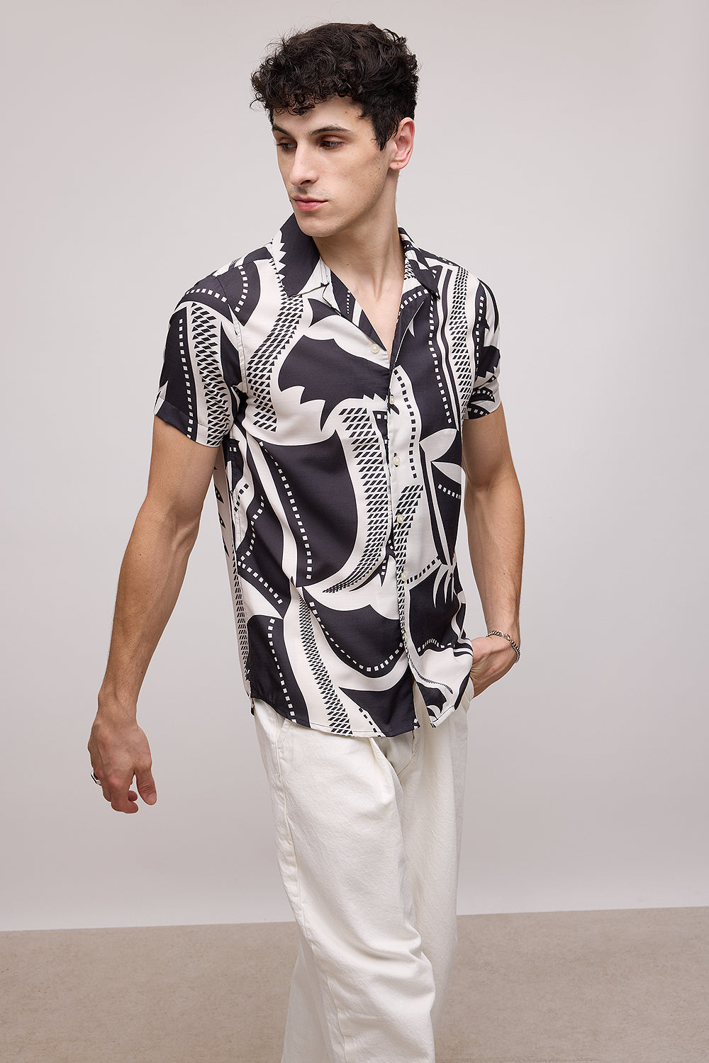 Ecru Black Printed Men's Resort Shirt