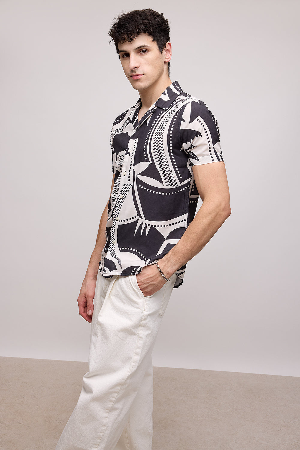 Ecru Black Printed Men's Resort Shirt