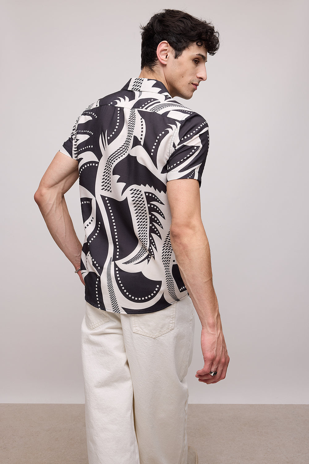 Ecru Black Printed Men's Resort Shirt