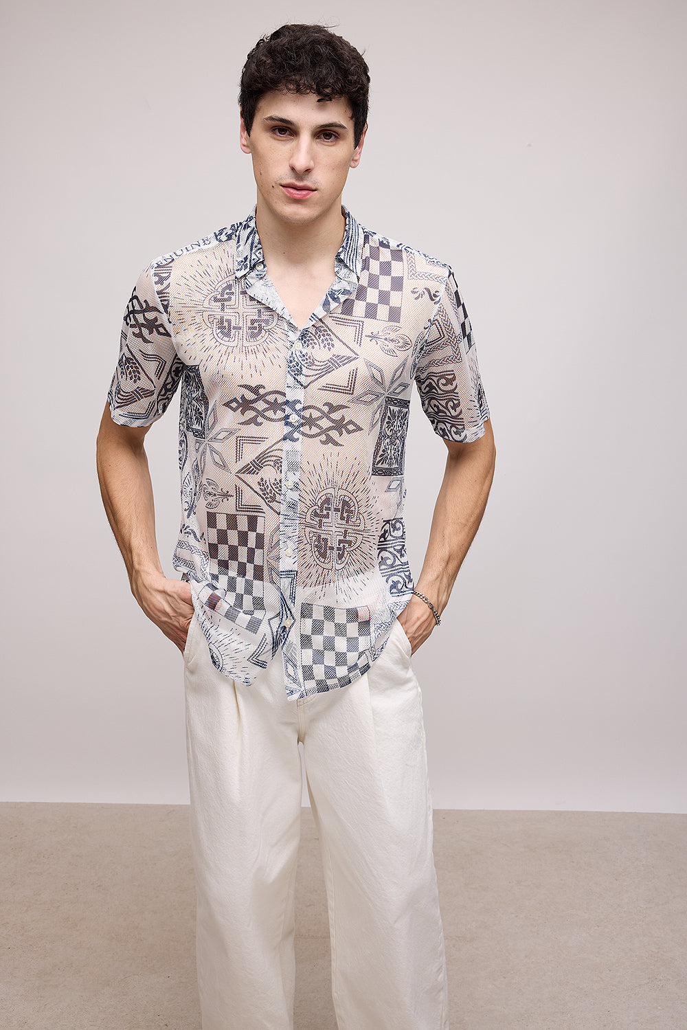 Ball Pen Effect Men's Mesh Shirt