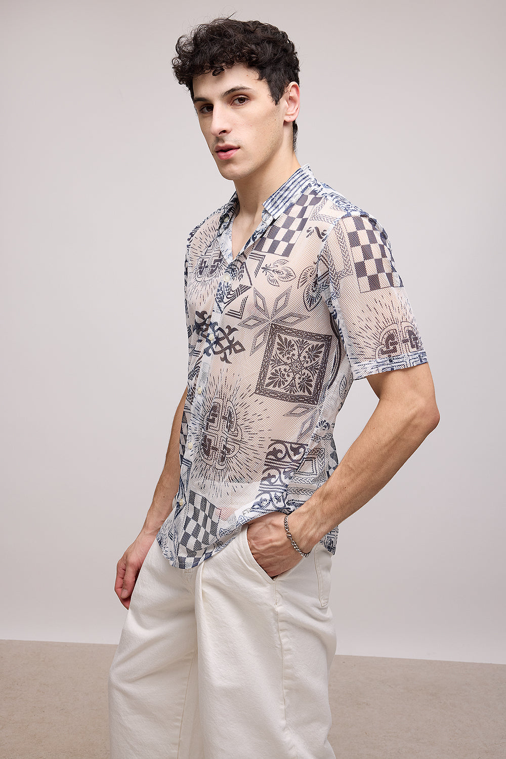 Ball Pen Effect Men's Mesh Shirt