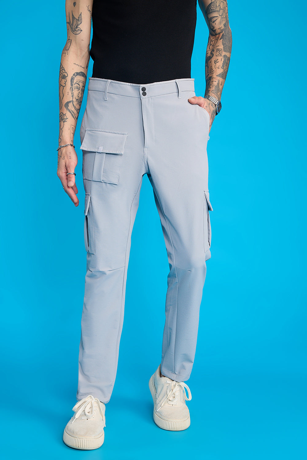 Men's Light Grey Solid Slim Cargos