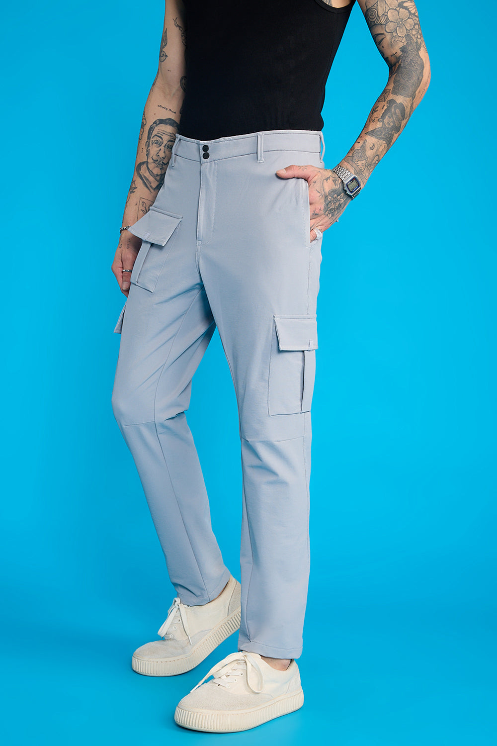 Men's Light Grey Solid Slim Cargos