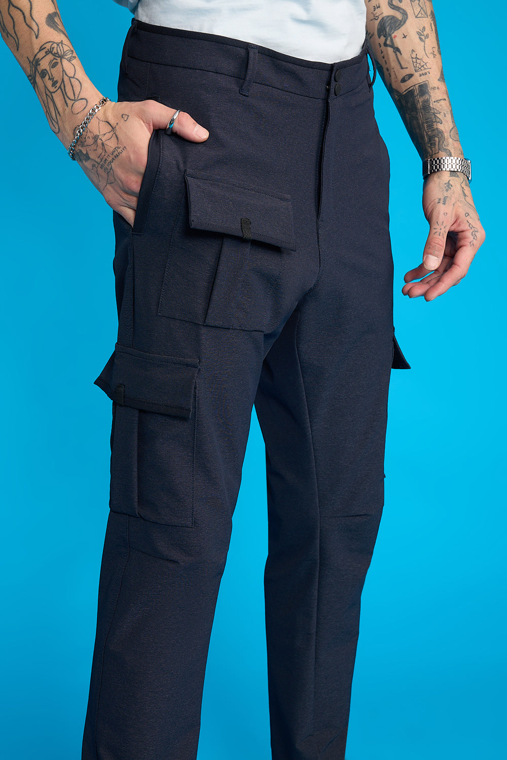 Men's Navy Solid Slim Cargos