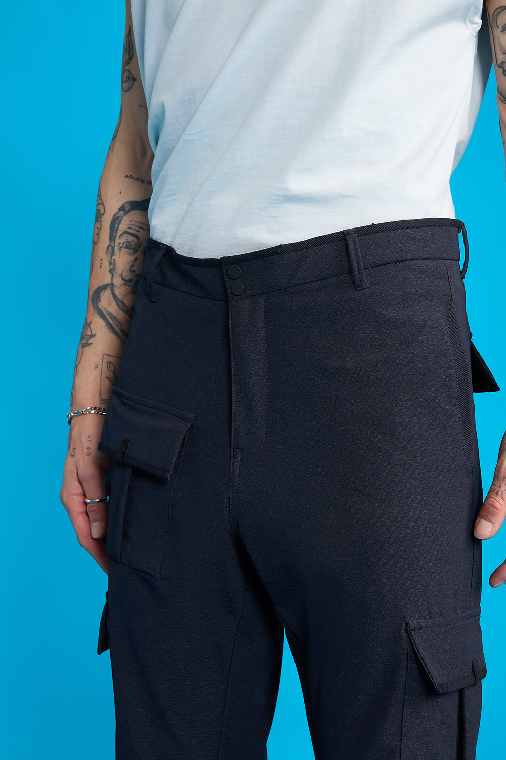 Men's Navy Solid Slim Cargos