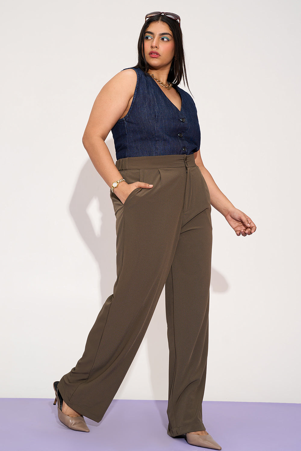 Dusky Brown Curve Straight Fit Korean Pants