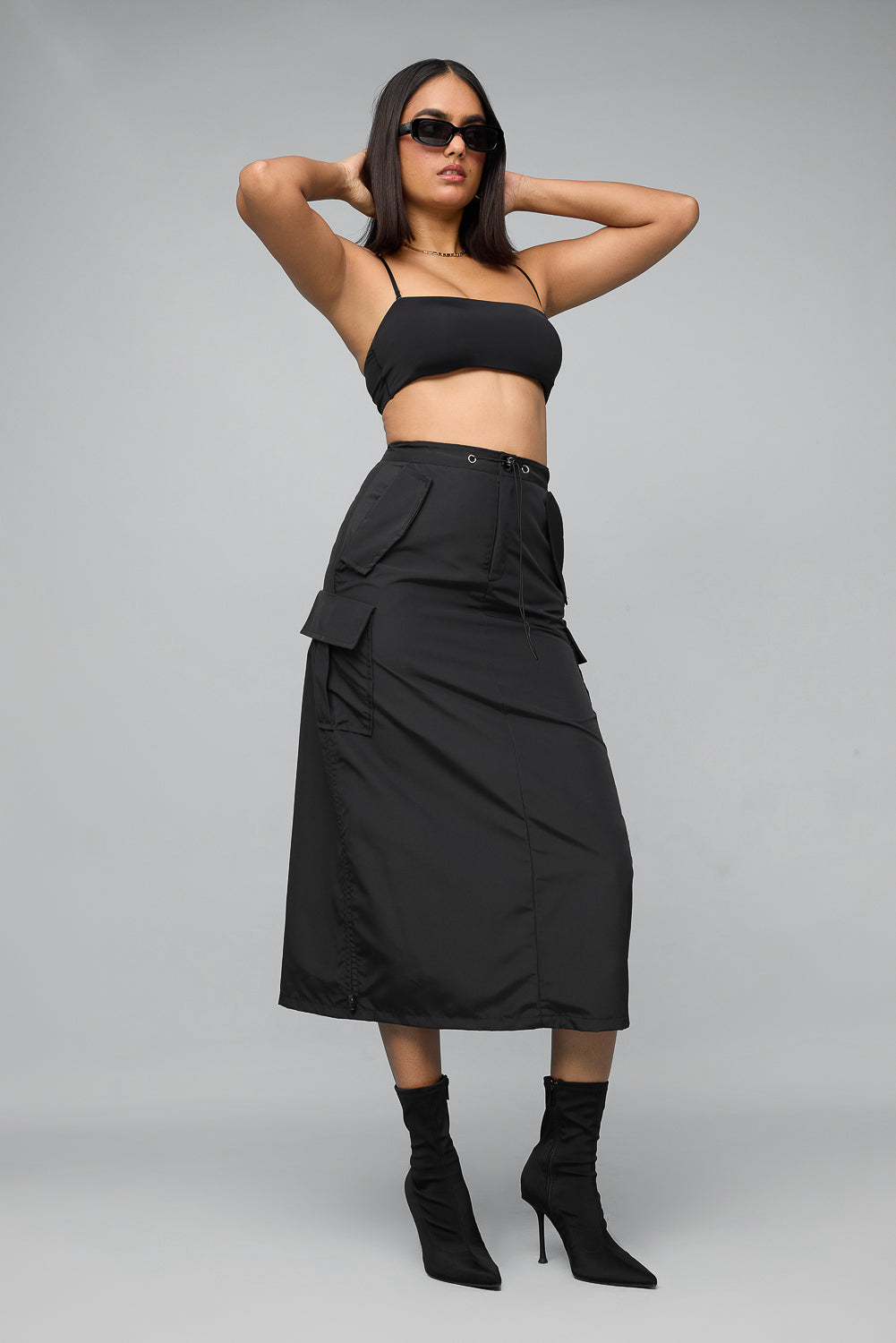 Jet Black Parachute Cargo Midi Skirt