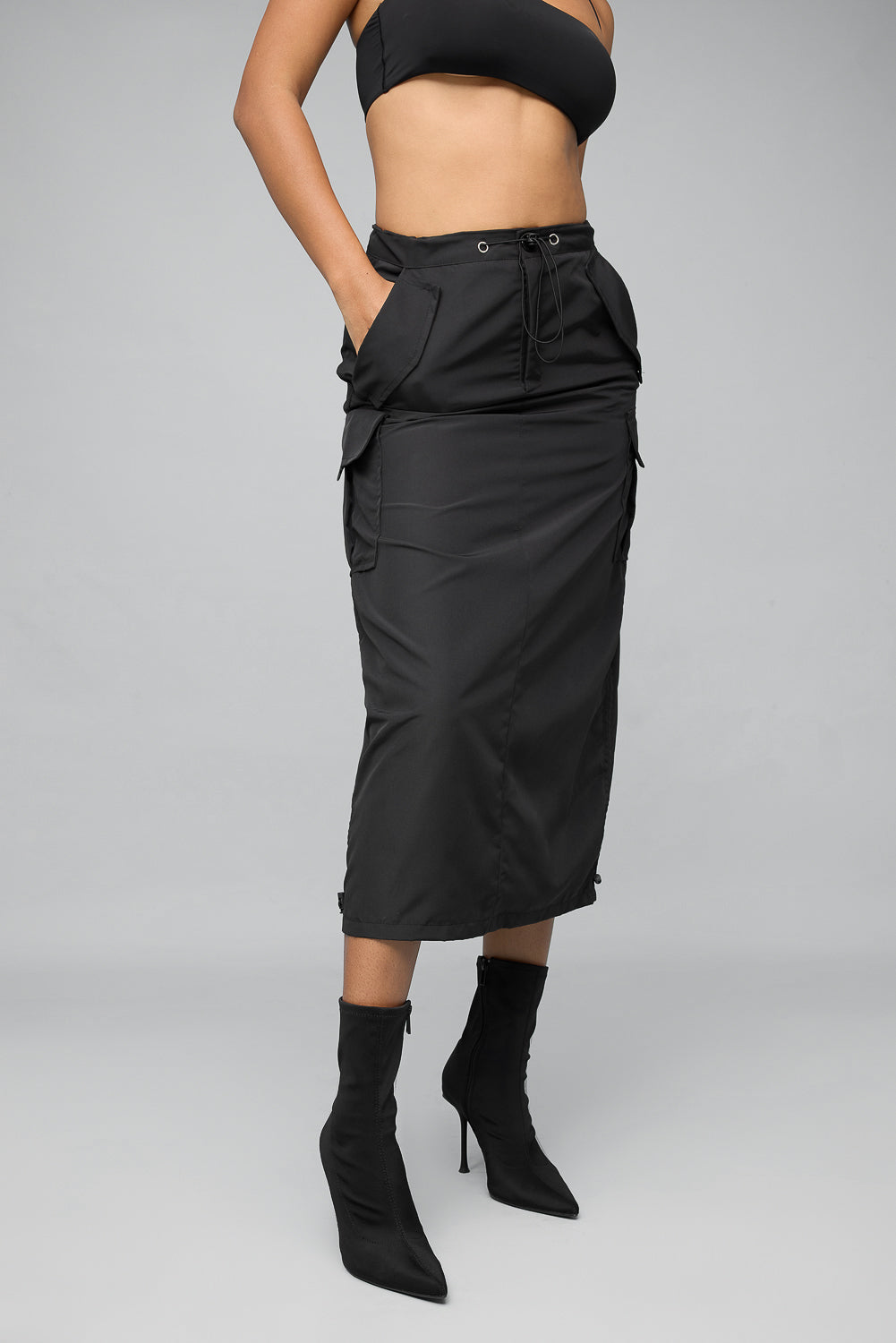 Jet Black Parachute Cargo Midi Skirt