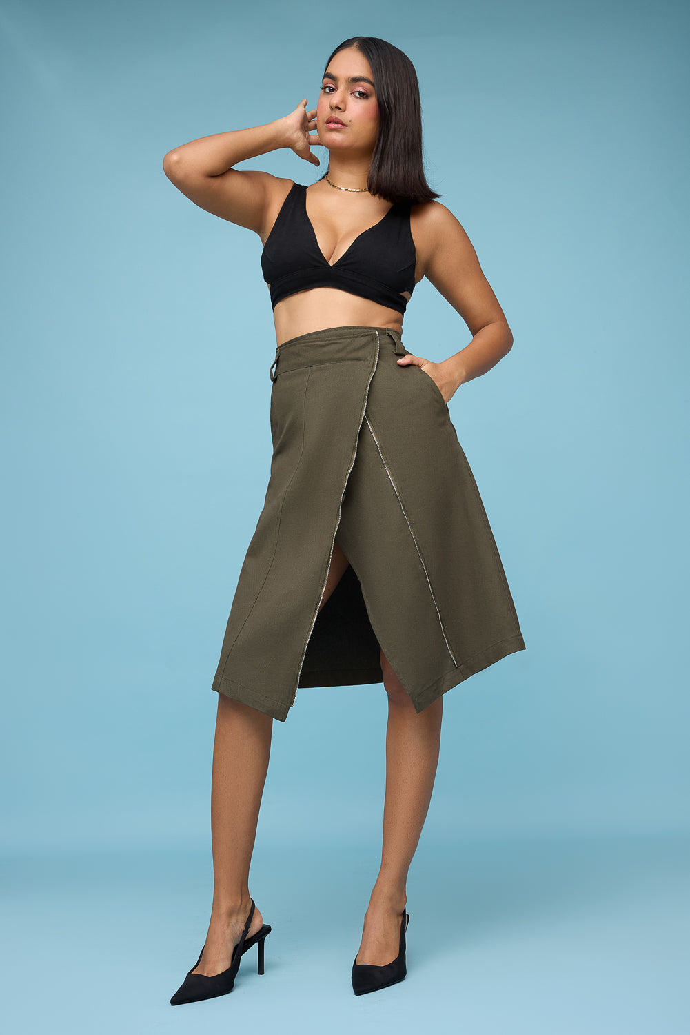 Olive Asymmetric Midi Skirt