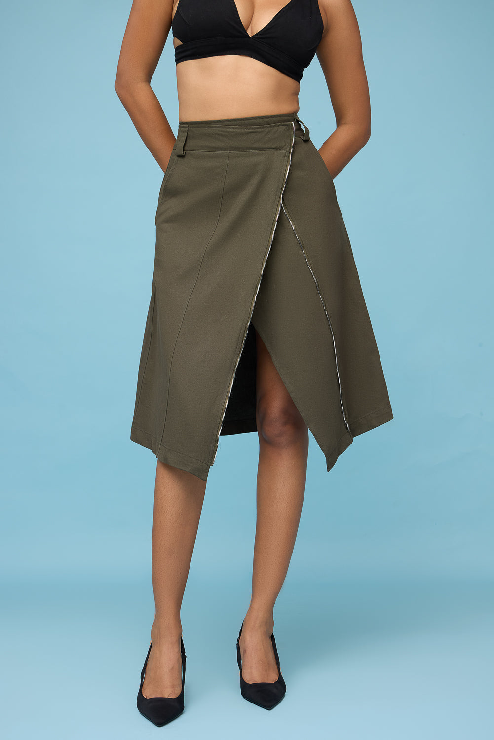 Olive Asymmetric Midi Skirt