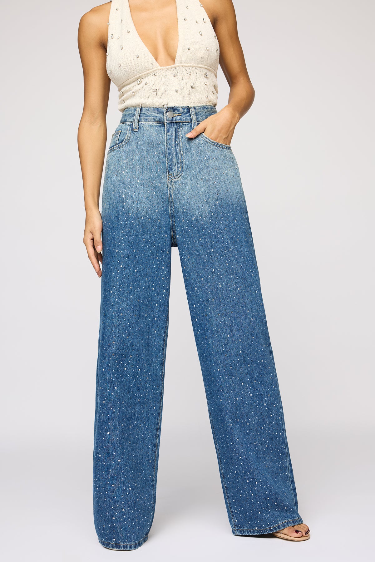 Obsidian Blue Embellished Denim Korean Pants