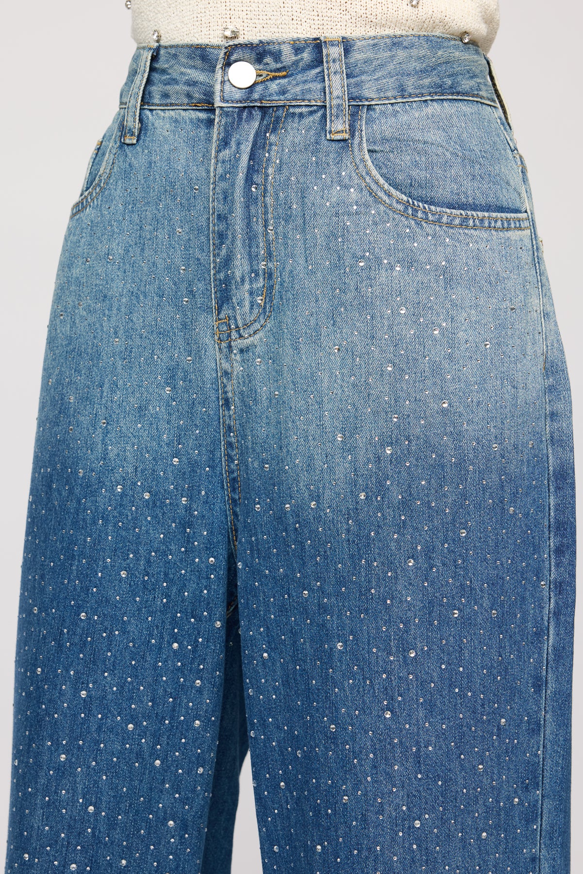 Obsidian Blue Embellished Denim Korean Pants