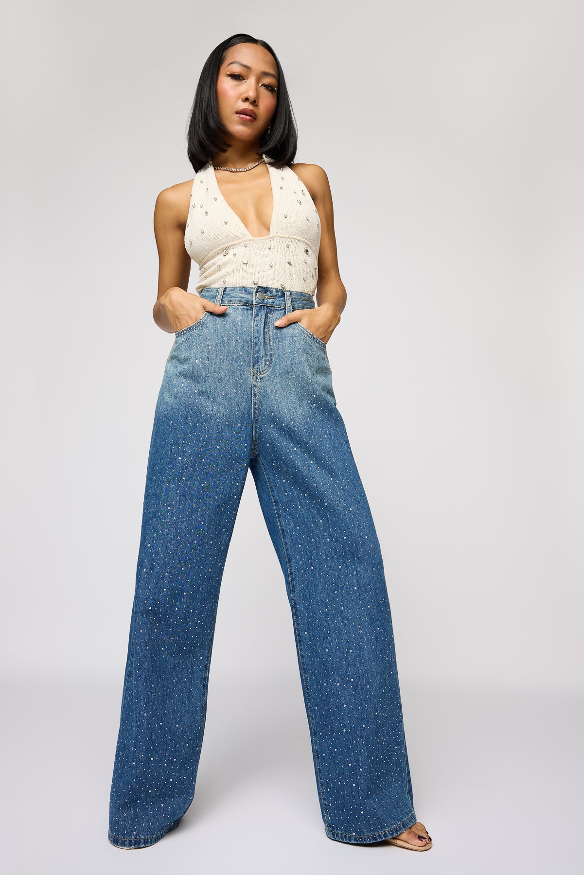 Obsidian Blue Embellished Denim Korean Pants