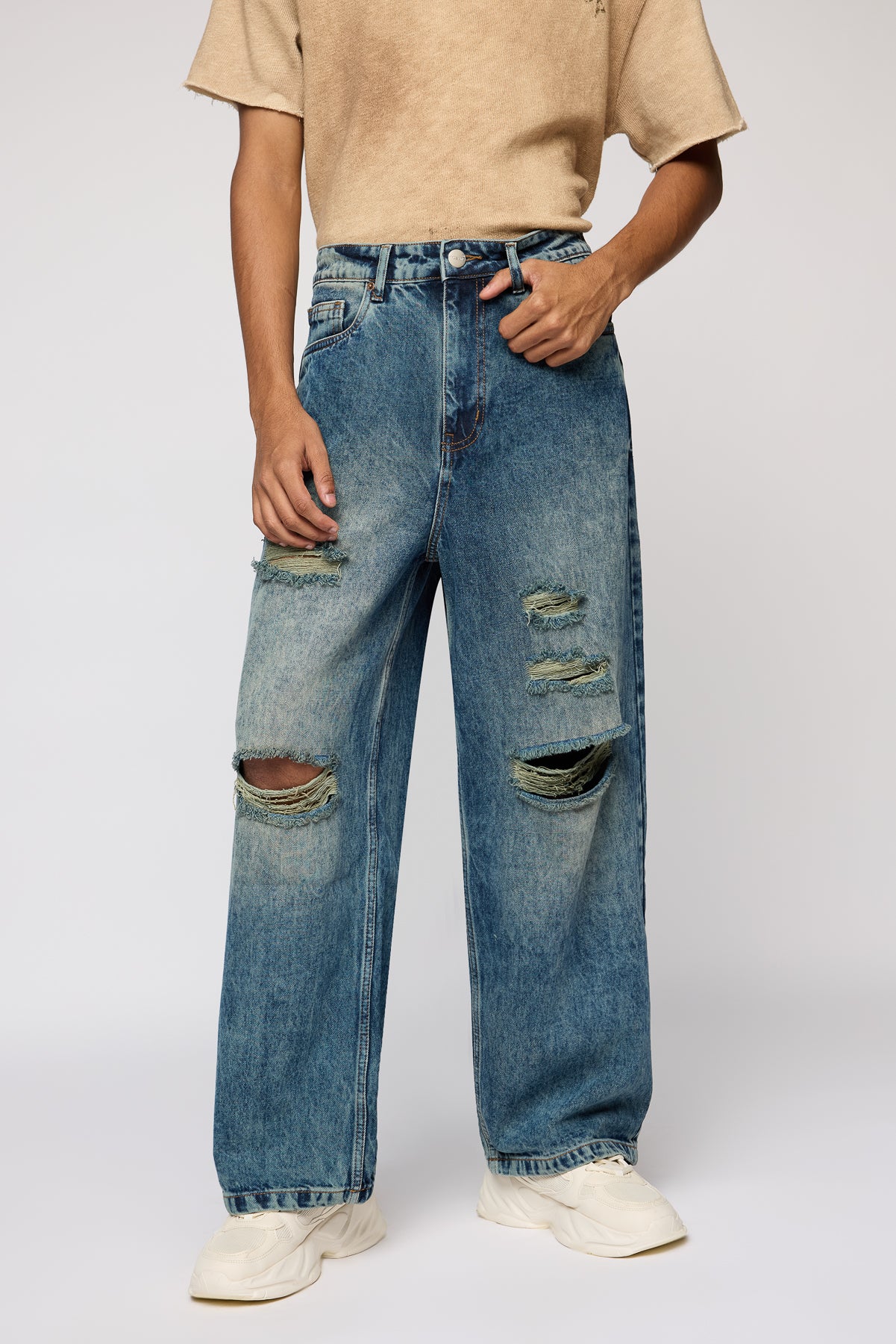 Ripped Riot Mid Blue Men's Wide Leg Jeans