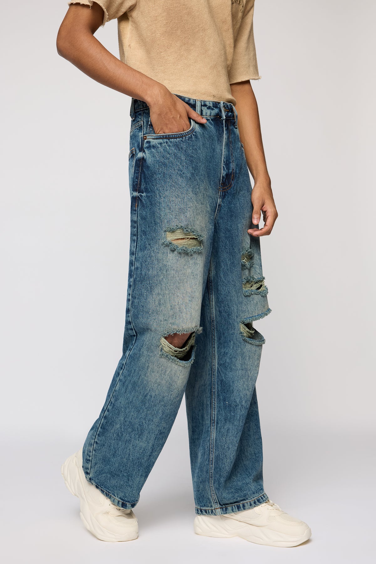 Ripped Riot Mid Blue Men's Wide Leg Jeans