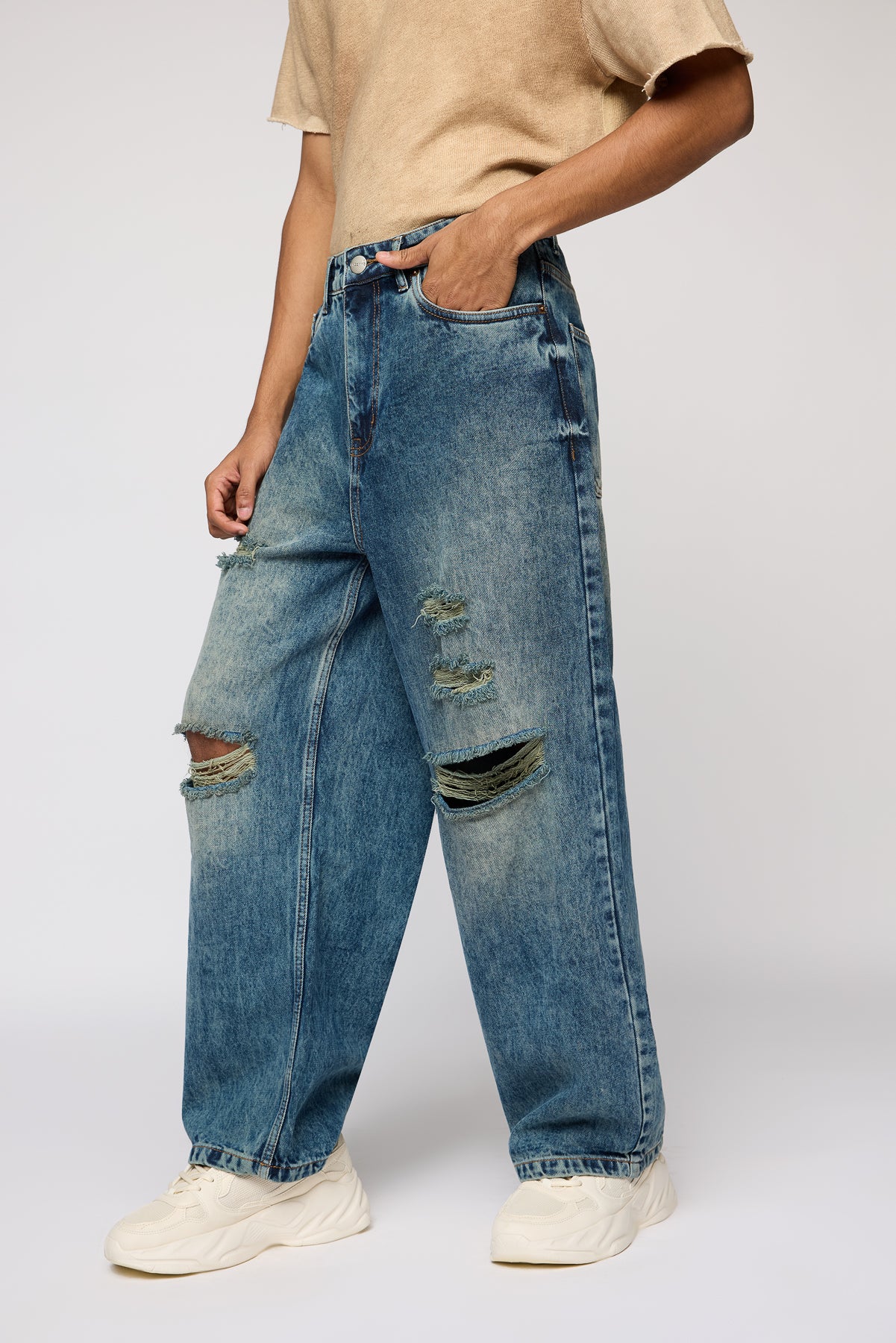 Ripped Riot Mid Blue Men's Wide Leg Jeans