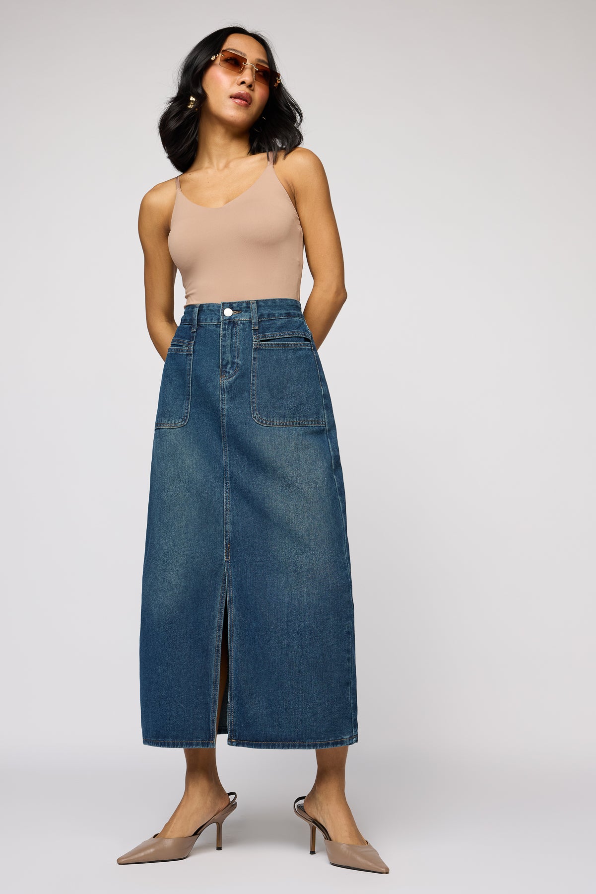 Eden Blue Front Slit Denim Midi Skirt