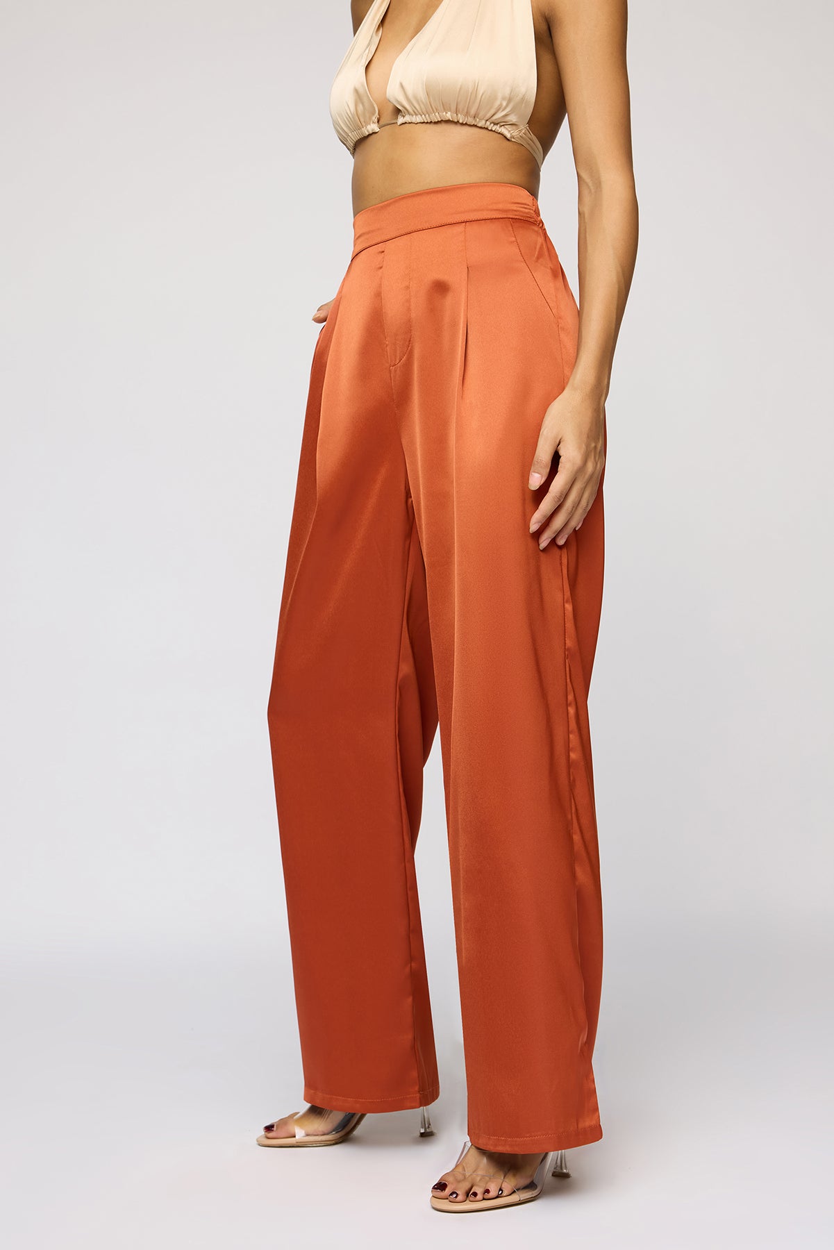 Warm Amber Satin Straight Korean Pants