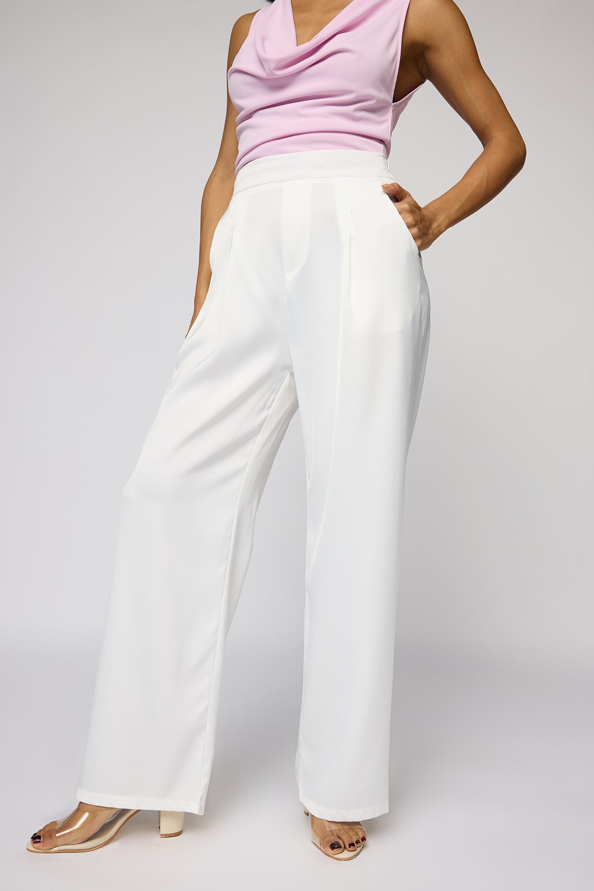 Polar White Satin Straight Korean Pants