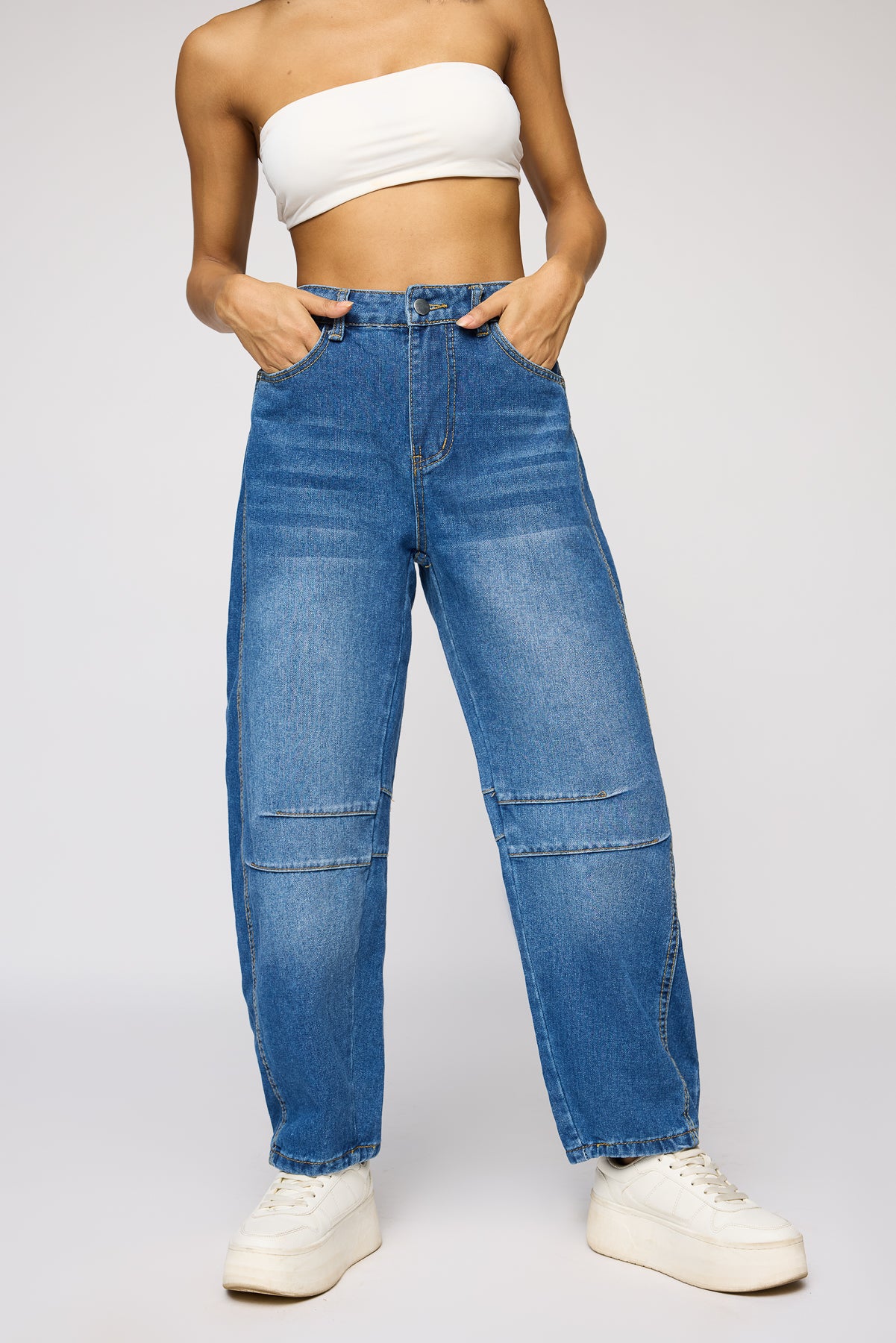 Curvella Dark Blue Barrel Leg Jeans