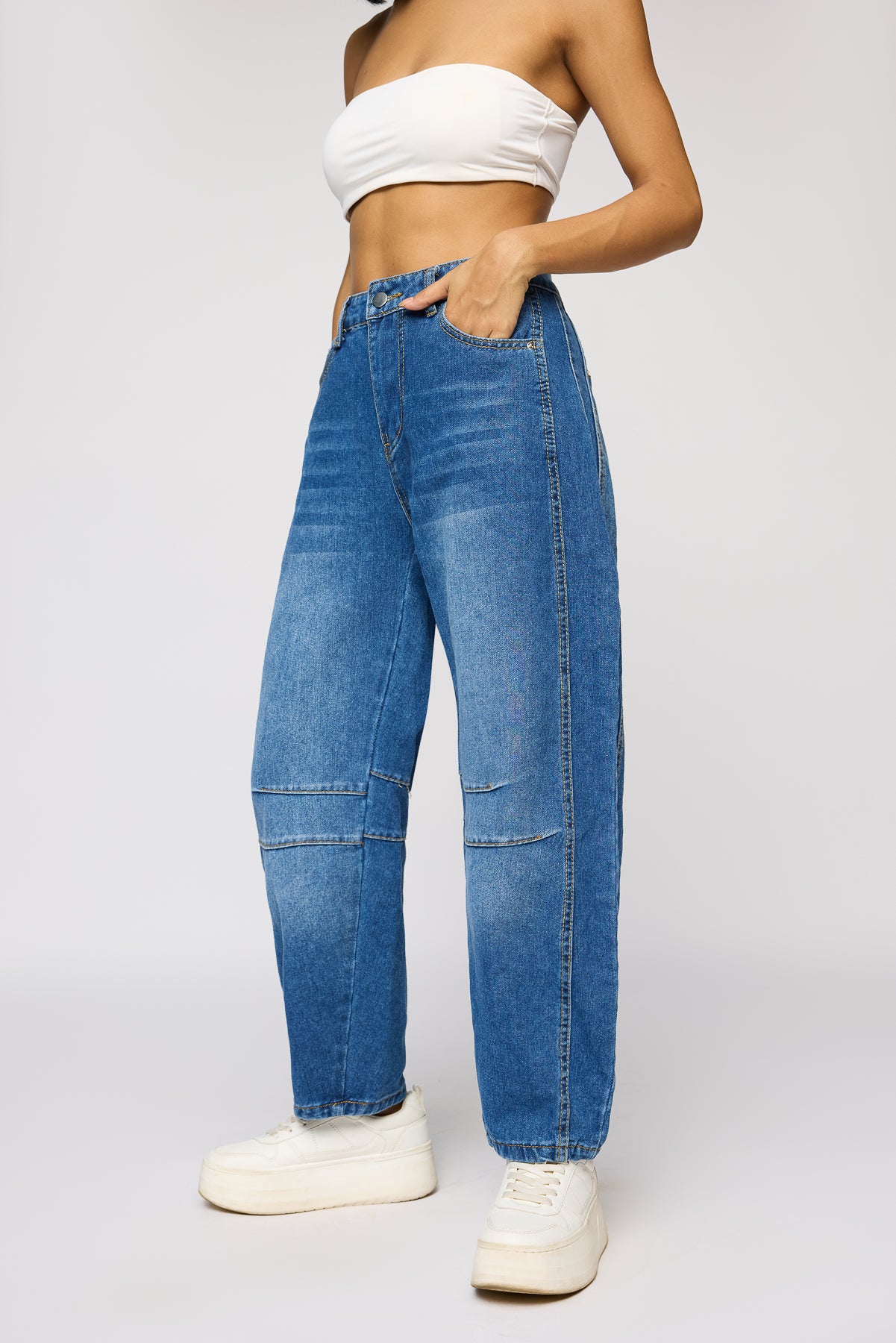 Curvella Dark Blue Barrel Leg Jeans