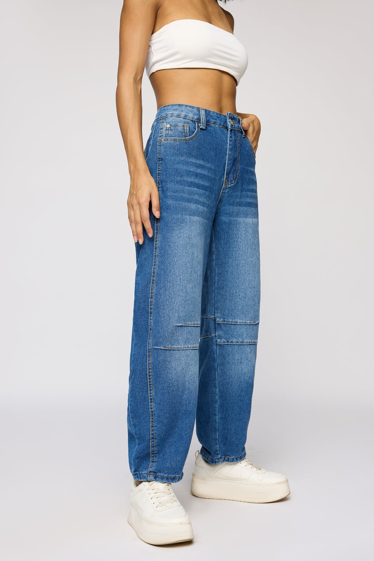 Curvella Dark Blue Barrel Leg Jeans