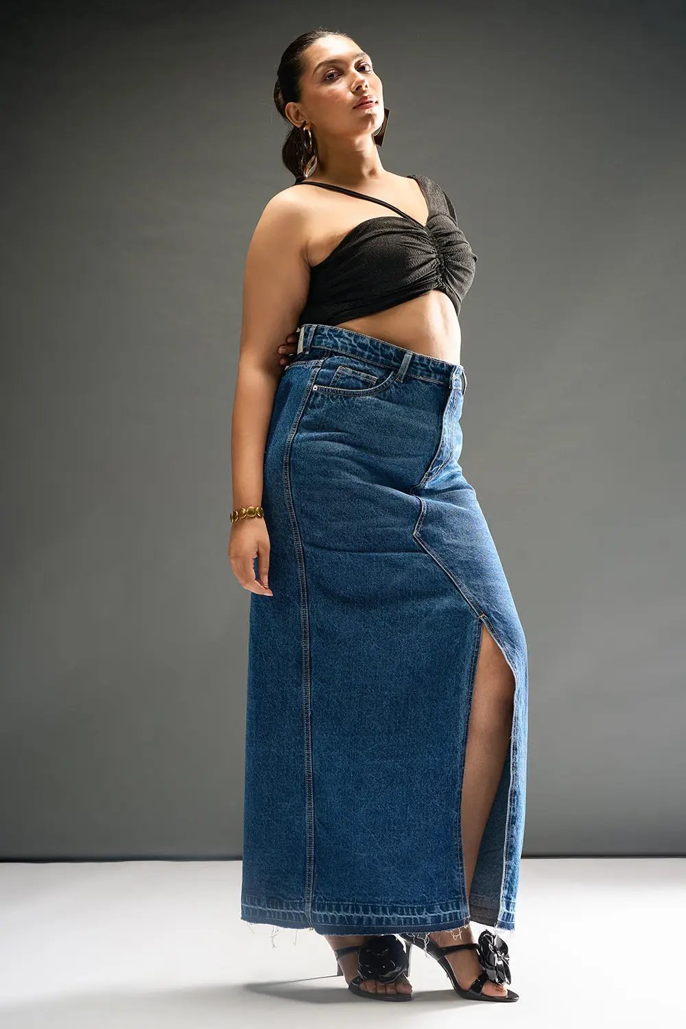 Dusk Blue Curve Mid Slit Maxi Skirt