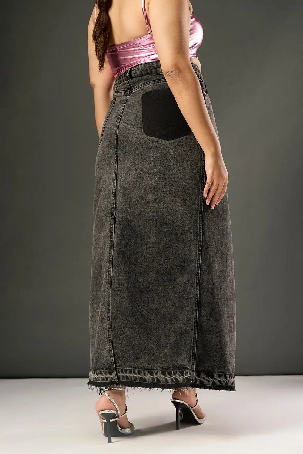 Sable Black Curve Mid Slit Maxi Skirt