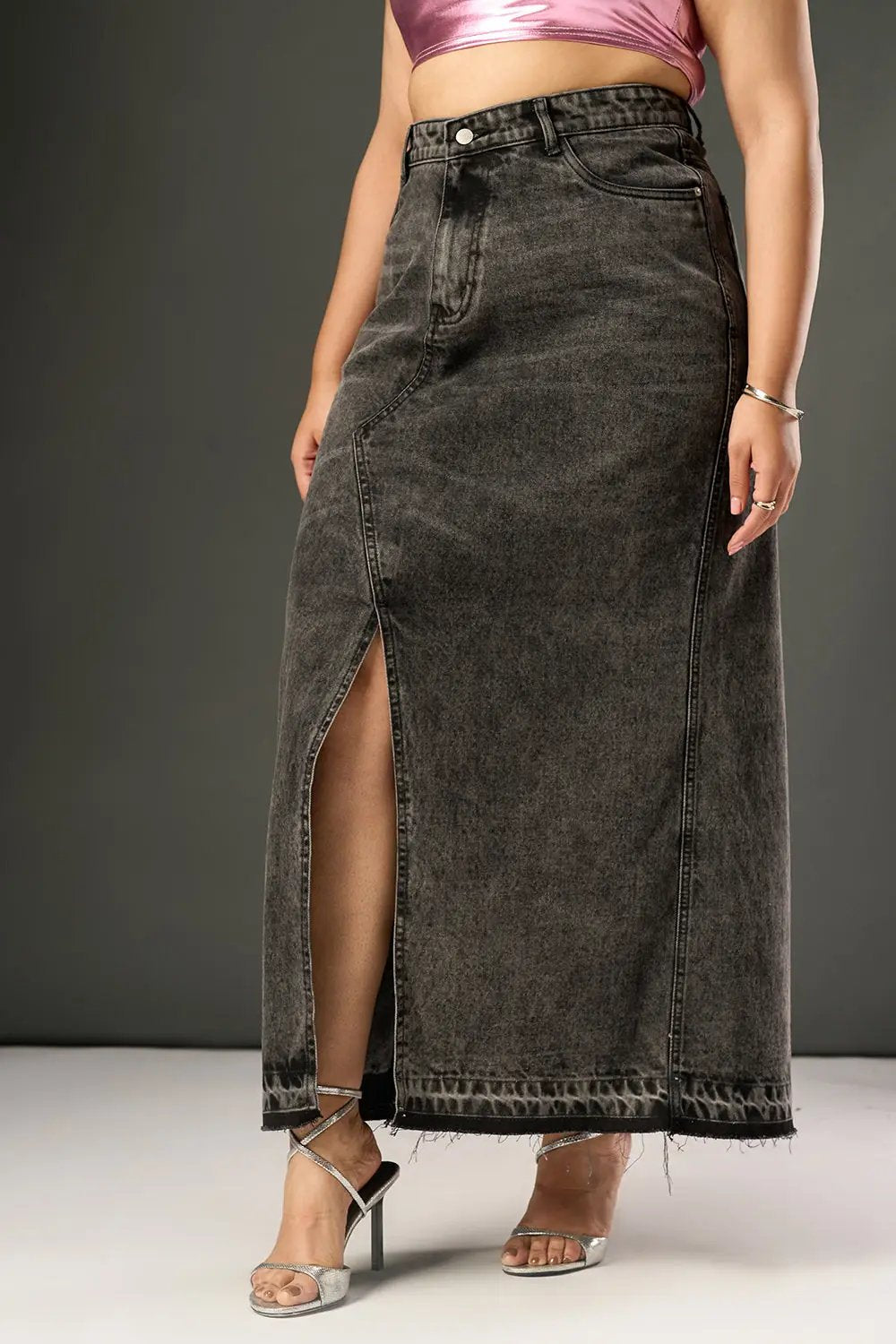 Sable Black Curve Mid Slit Maxi Skirt