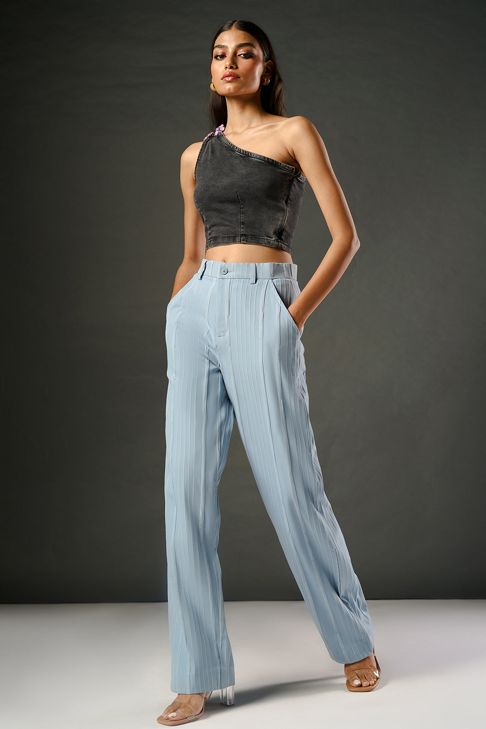 Crystal Blue Textured Women's Straight Korean Pants