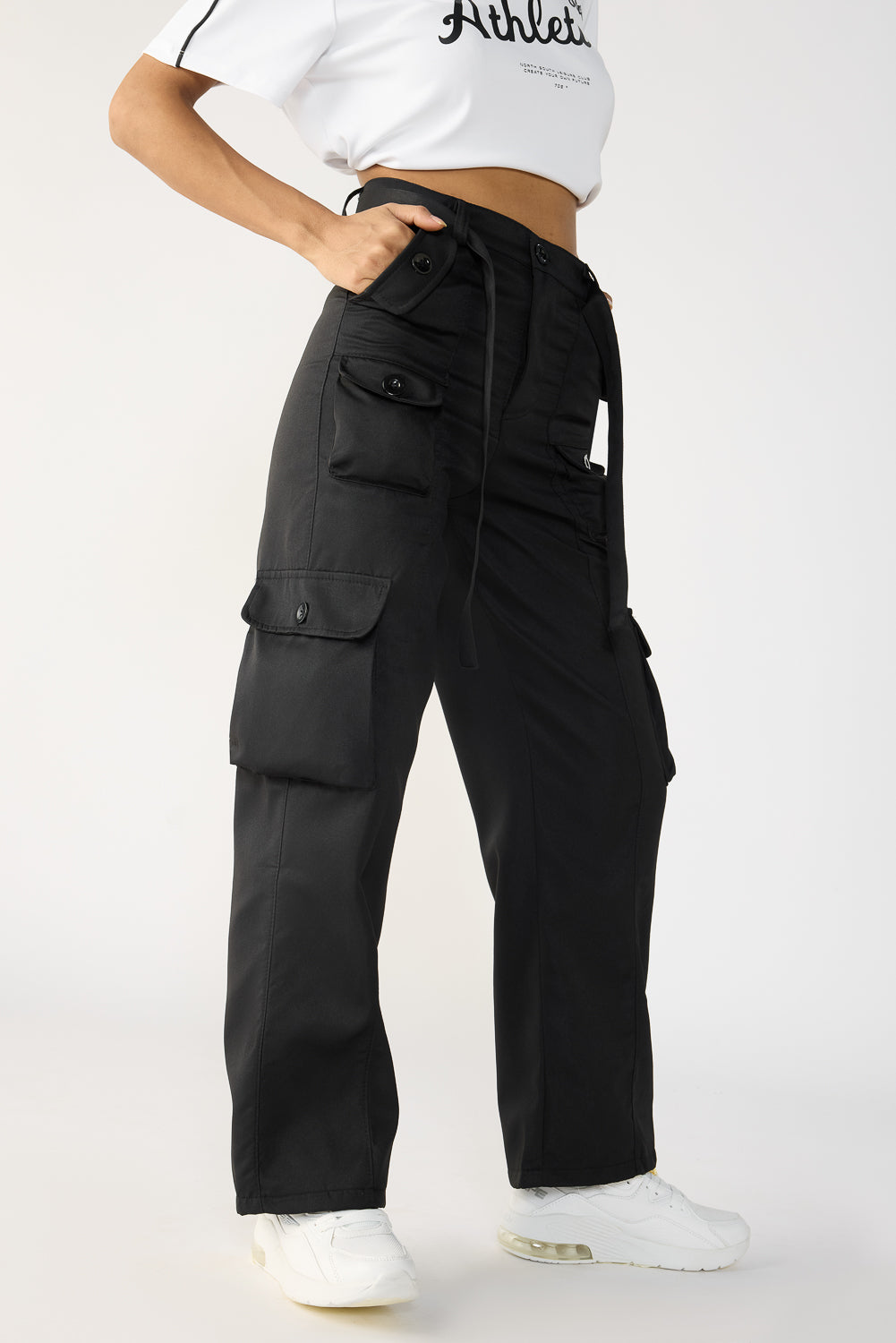パンツ viavanda high waist cargo pants black Vanta Black Straight Cargos