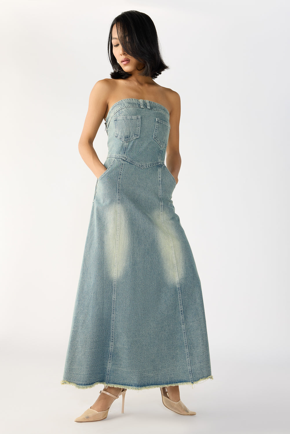 Steel Blue Panelled Denim Dress