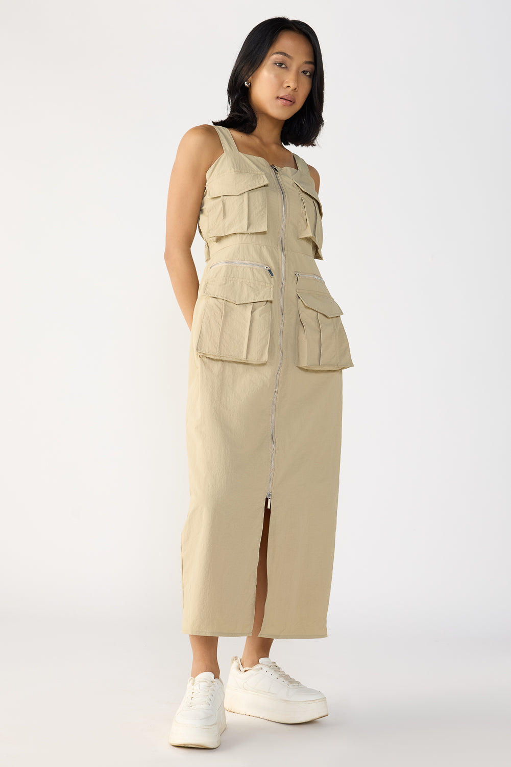 Beige Long Trench Utility Dress