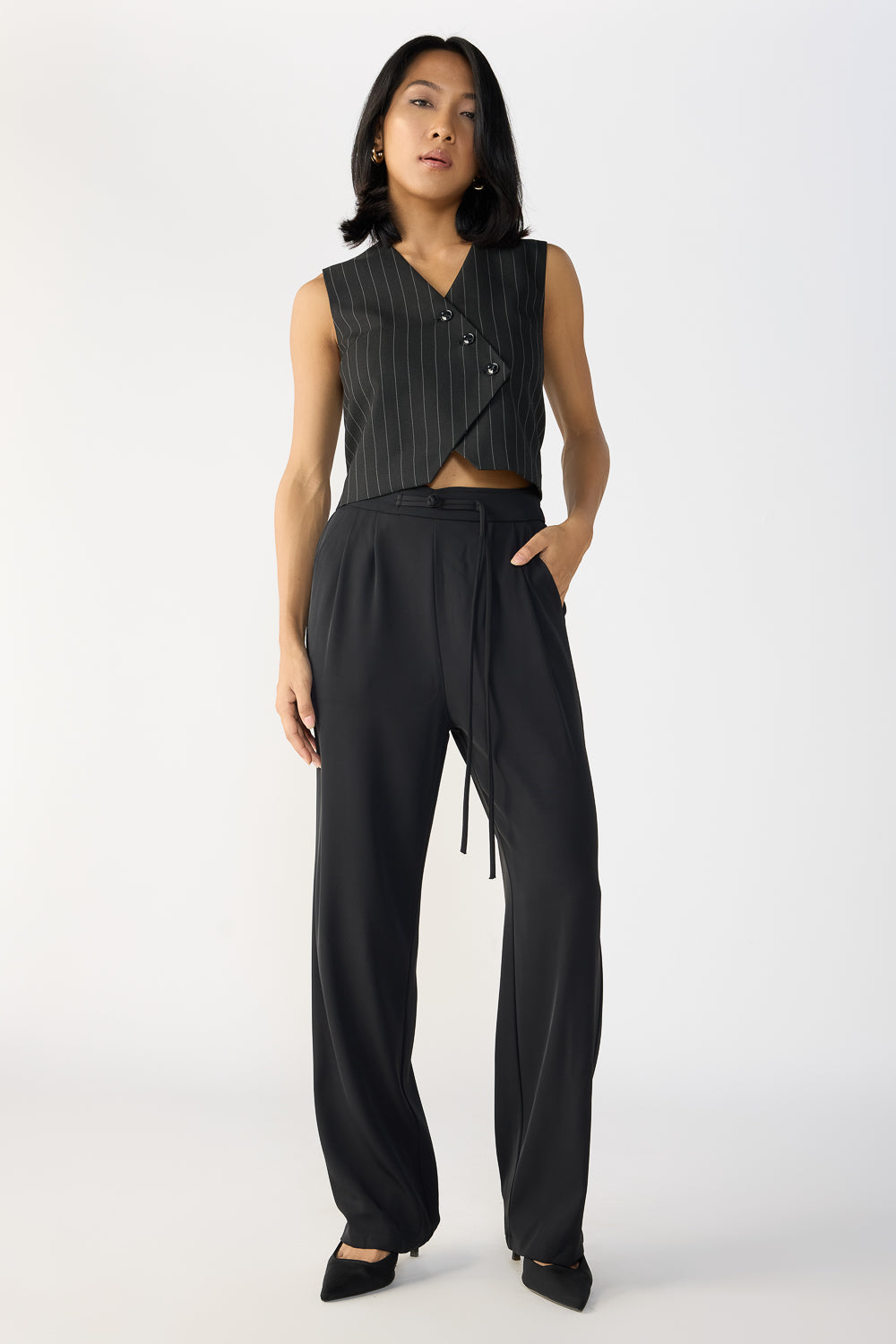 Caviar Black Knotted Waist Korean Pants