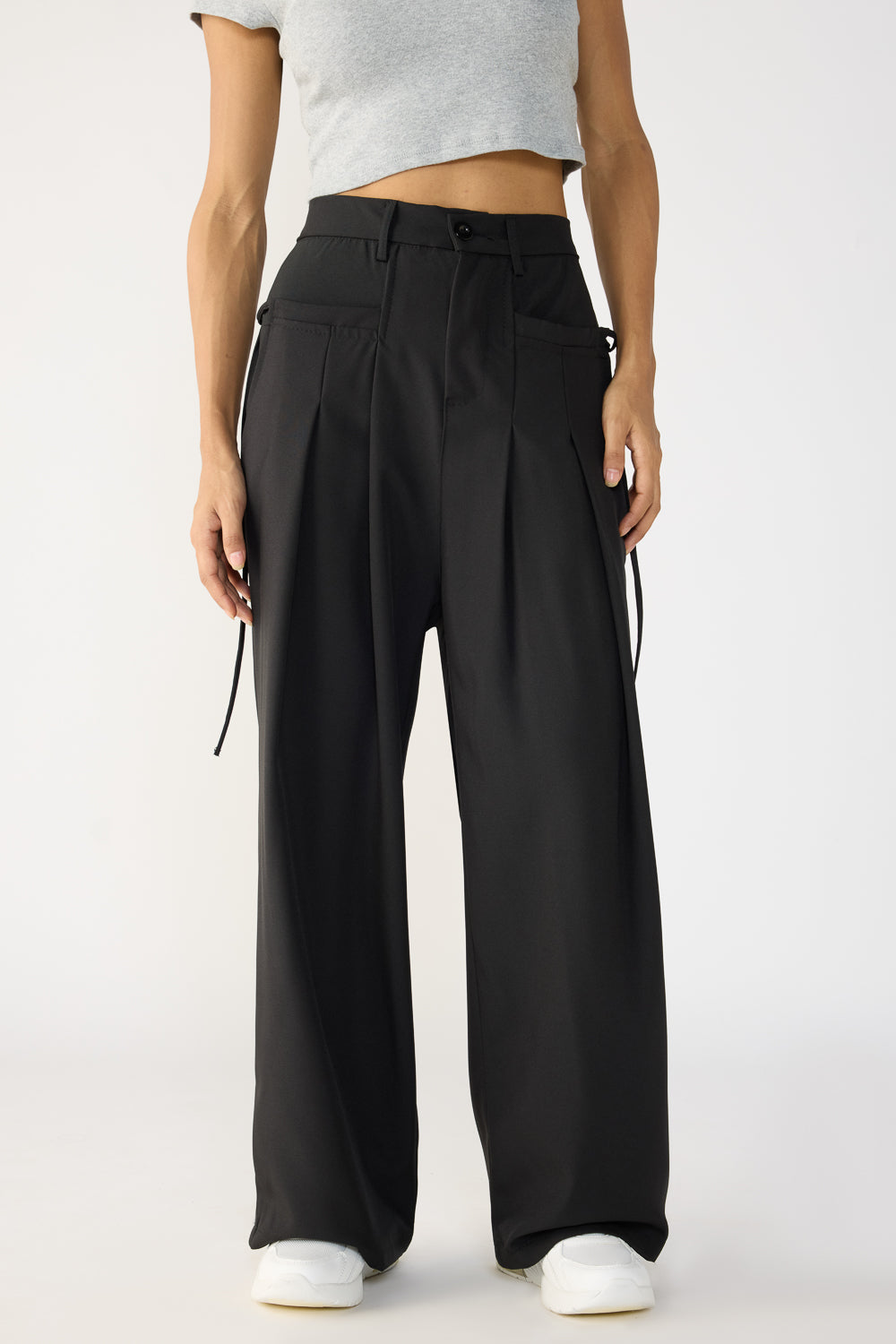 Black Wide Flat Pocket Korean Pants